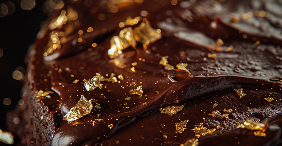 folhas de ouro num bolo de chocolate